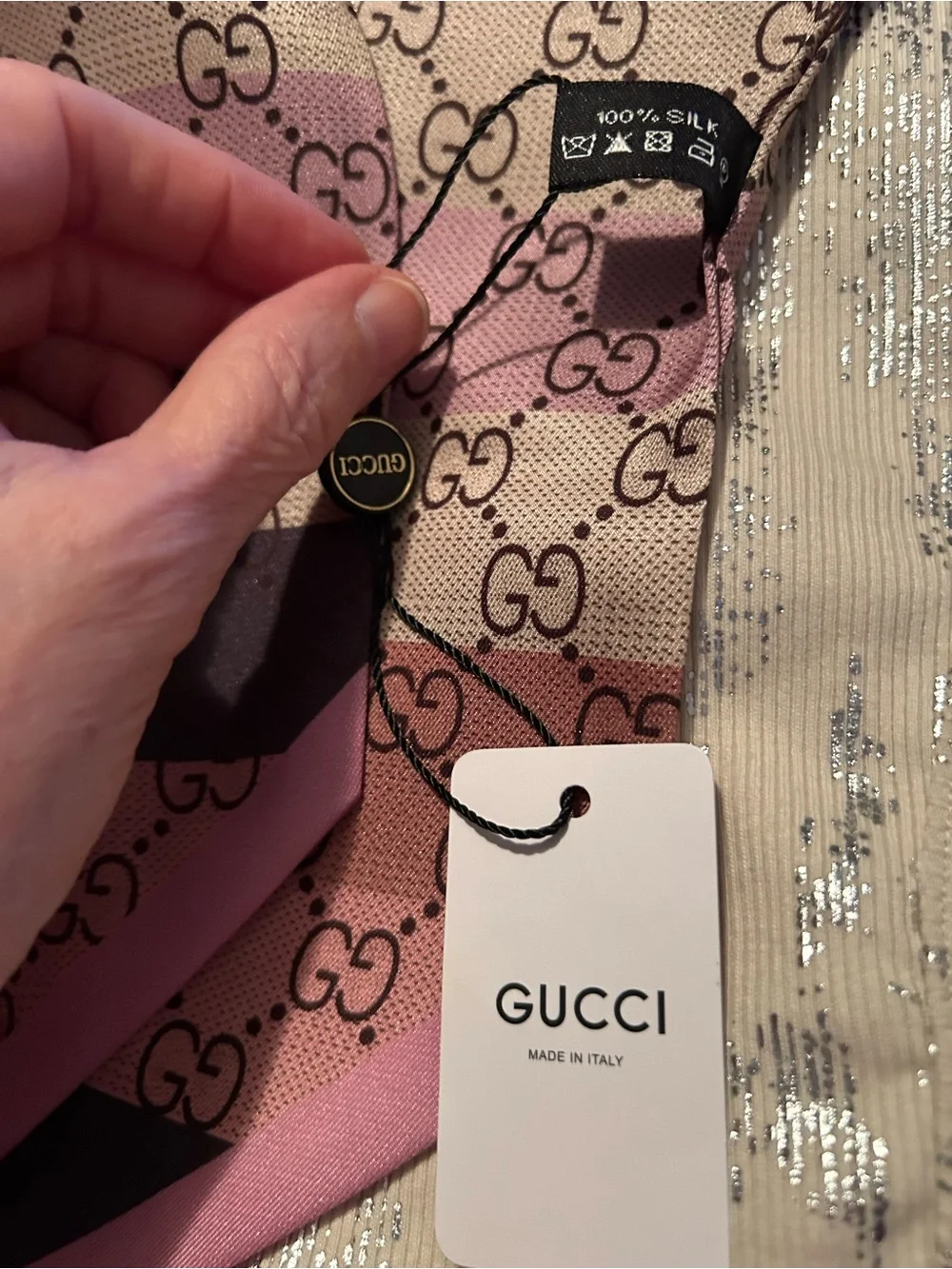 Gucci Pink Beige and Brown GG 100% Silk Scarf Twilly